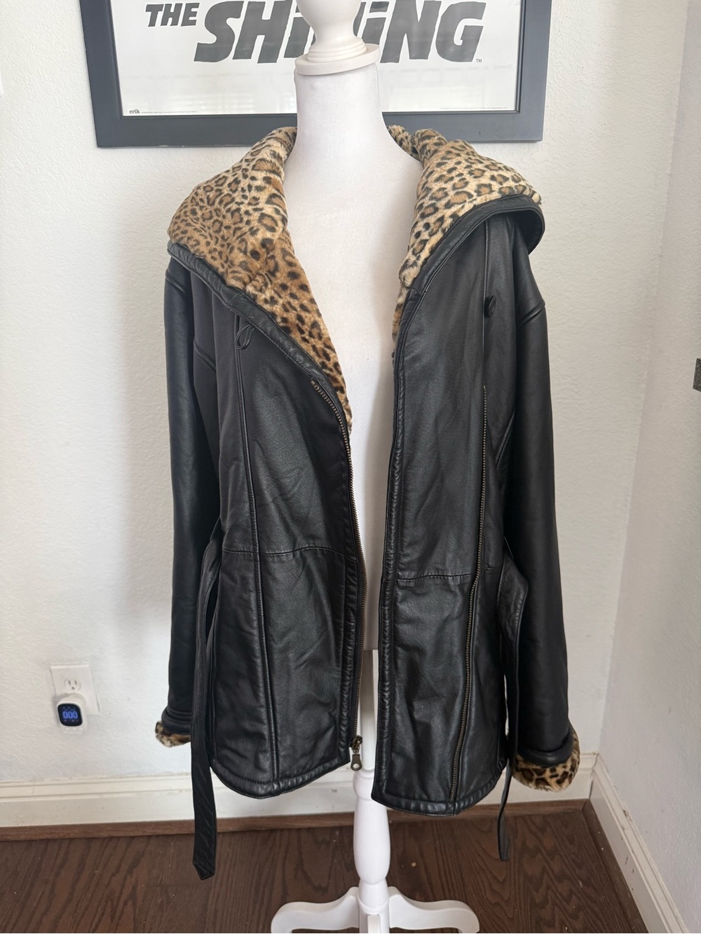 Vintage Wilsons Leather Black Jacket with Leopard Faux-Fur Trim